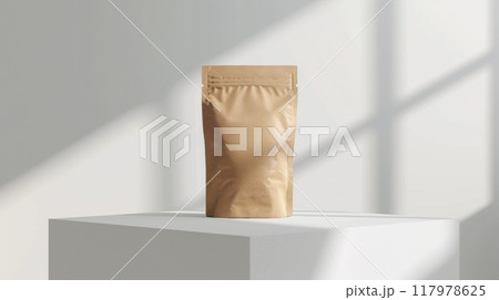 A simple brown paper bag stands upright on a white pedestal A simple brown paper bag stands upright on a white pedestal 117978625