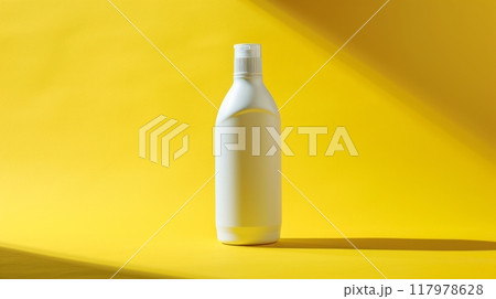 A simple white bottle is positioned on a vibrant yellow backdrop, casting a subtle shadow. A simple white bottle is positioned on a vibrant yellow backdrop, casting a subtle shadow. 117978628