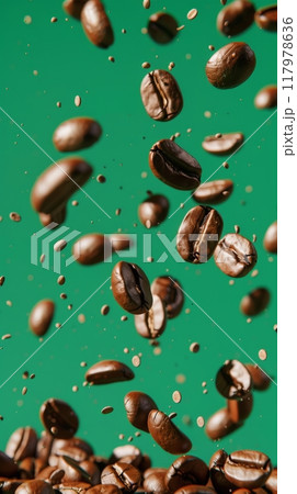 Coffee beans swirling and drifting in mid-air, each reflecting the light in a rich, glossy sheen. Coffee beans swirling and drifting in mid-air, each reflecting the light in a rich, glossy sheen. 117978636