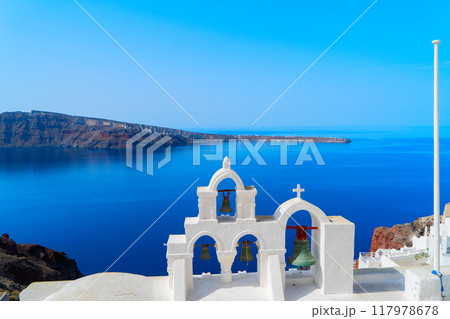 white belfry, Santorini island, Greece 117978678
