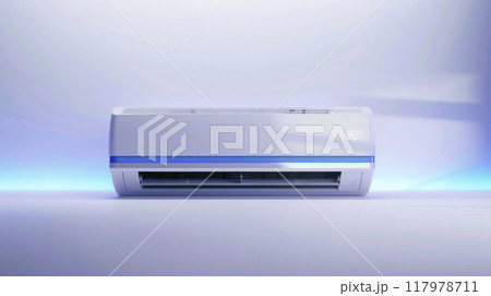 A sleek air conditioning unit is mounted on a wall, emitting a soft blue light 117978711