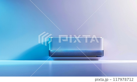 A contemporary air conditioning unit is mounted on a light wall A contemporary air conditioning unit is mounted on a light wall 117978712