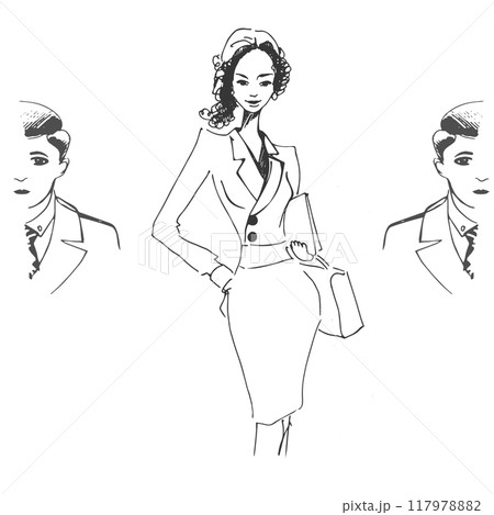 Business woman standing. Pencil hand drawn, Vector outline. Retro style illustration Business woman standing. Pencil hand drawn, Vector outline. Retro style illustration 117978882