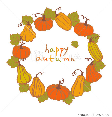 A vibrant wreath is adorned with various pumpkins and gourds in shades of orange and yellow, encircling the words happy autumn in cheerful lettering, perfect for fall decorations. 117978909