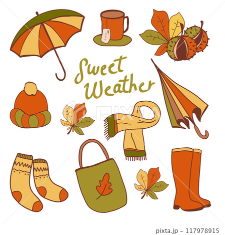 A vibrant assortment of autumn-inspired objects features a warm mug, an umbrella, cozy socks, a knitted hat, and various colorful leaves, embodying the essence of sweet weather in fall. A vibrant assortment of autumn-inspired objects features a warm mug, an umbrella, cozy socks, a knitted hat, and various colorful leaves, embodying the essence of sweet weather in fall. 117978915