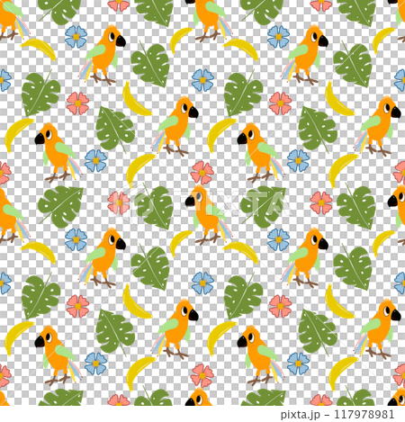 Pattern seamless wtih parrot, flowers, leaves, bananas. For children, fabric, wallpaper, for boys and girls 117978981