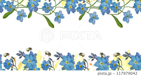 Watercolor blue seamless border with forget-me-not flowers and bumblebee on white background 117979042