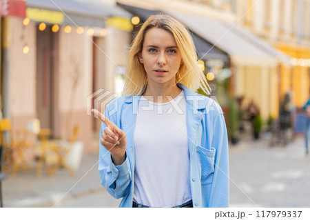 Displeased upset woman reacting unpleasant awful idea dissatisfied with bad quality shake finger No Displeased upset woman reacting unpleasant awful idea dissatisfied with bad quality shake finger No 117979337