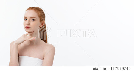 Beauty Woman. Beautiful Young Female touching Her Skin. Portrait isolated on White Background. Healthcare. Perfect Skin. Beauty Face Beauty Woman. Beautiful Young Female touching Her Skin. Portrait isolated on White Background. Healthcare. Perfect Skin. Beauty Face 117979740