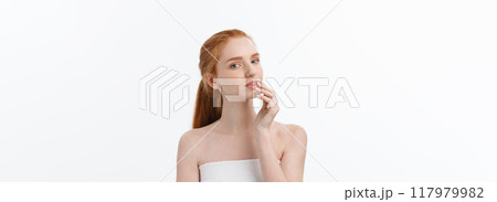 Beauty Woman. Beautiful Young Female touching Her Skin. Portrait isolated on White Background. Healthcare. Perfect Skin. Beauty Face Beauty Woman. Beautiful Young Female touching Her Skin. Portrait isolated on White Background. Healthcare. Perfect Skin. Beauty Face 117979982