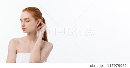 Beauty Woman. Beautiful Young Female touching Her Skin. Portrait isolated on White Background. Healthcare. Perfect Skin. Beauty Face Beauty Woman. Beautiful Young Female touching Her Skin. Portrait isolated on White Background. Healthcare. Perfect Skin. Beauty Face 117979983