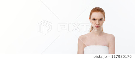 Portrait sad serious young woman with disappointed facial expression.. isolated on white background, looking at camera 117980170