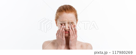 Portrait sad serious young woman with disappointed facial expression.. isolated on white background, looking at camera 117980269