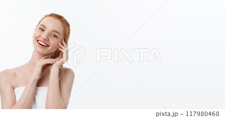 Happy beautiful girl is happy smiling and laughing look stright . Expressive facial expressions .Cosmetology and Spa , skin care model Happy beautiful girl is happy smiling and laughing look stright . Expressive facial expressions .Cosmetology and Spa , skin care model 117980468