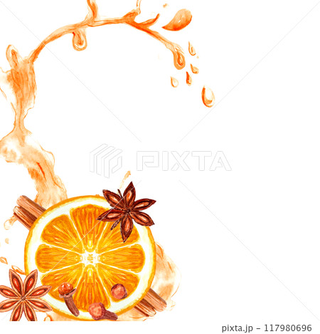 Slice of orange with cinnamon, star anise, cloves splashing in juice watercolor composition isolated on white. High quality hand drawn with texture great for winter drinks design, spice, tea packages Slice of orange with cinnamon, star anise, cloves splashing in juice watercolor composition isolated on white. High quality hand drawn with texture great for winter drinks design, spice, tea packages 117980696
