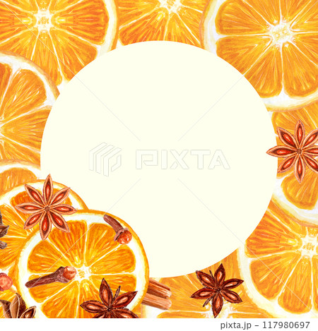 Cinnamon, star anise, cloves orange watercolor frame isolated on white. High quality hand drawn realistic art with detailed texture. Perfect for culinary projects, cards, menu, food logo, Christmas 117980697