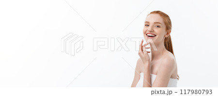 Happy beautiful girl is happy smiling and laughing look stright . Expressive facial expressions .Cosmetology and Spa , skin care model Happy beautiful girl is happy smiling and laughing look stright . Expressive facial expressions .Cosmetology and Spa , skin care model 117980793
