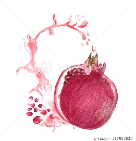 Pomegranate cracked in the middle with flying seeds splashing in juice composition isolated on white. The hand-painted watercolor perfect for culinary designs, juice packages, kitchen decor, stickers 117980826