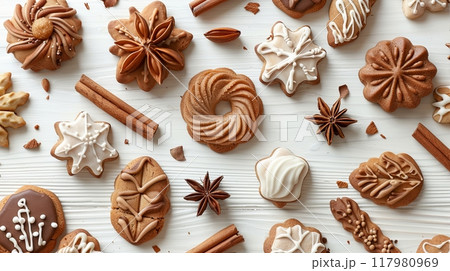 homemade autumn-themed cookies, decorated with intricate icing patterns, surrounded by cinnamon sticks 117980969