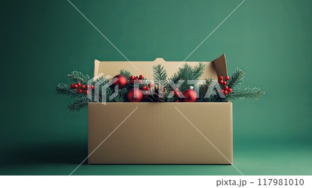 a beige cardboard box filled with Christmas decorations against a green background a beige cardboard box filled with Christmas decorations against a green background 117981010