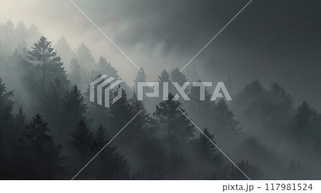 Beautiful natural mountain background of forest and tall fir trees in the fog in gray tones 117981524