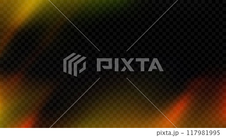 Light leak effect background. Exposed retro film overlay. Old burn photo filter template. Vintage lens flare texture backdrop. Blurry gradient photographic wallpaper. Vector saturated film effect 117981995