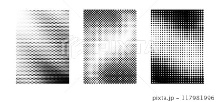 Grunge halftone gradient background set. Different black grit sand noise texture collection. Retro dotted pixelated raster backdrop pack. Comic polka dot overlay for banner, poster, print. Vector 117981996