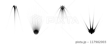 Black thin spiky element set. Abstract sharp thorn shapes and angular twinkles bundle. Futuristic spokes objects for poster design, collage, banner, logo, card, icon, label, sticker, badge. Vector 117982003