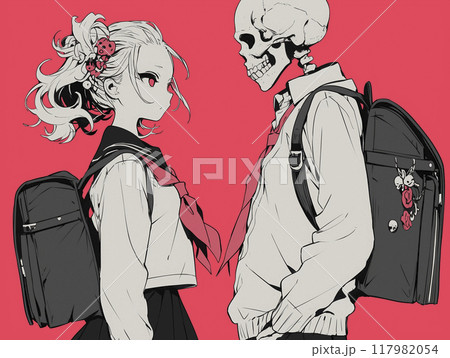 ガイコツ男と女子高生 ガイコツ男と女子高生 117982054