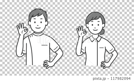 Upper body illustration of a male and female nurse making an OK pose and putting their hands on their hips 117982094