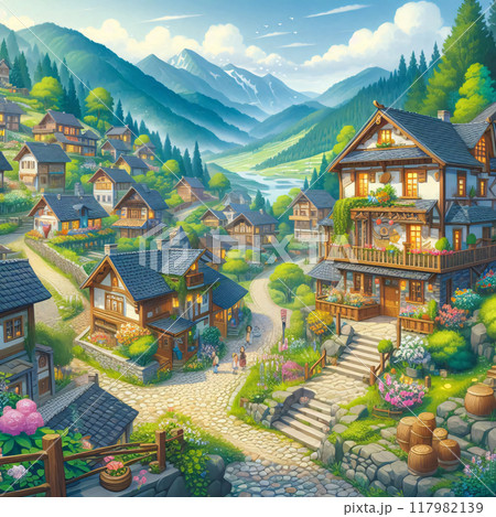 Vibrant village nestled in mountains with lush greenery 117982139