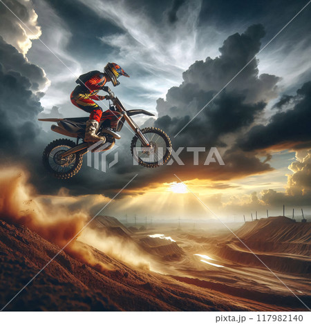 Motocross rider mid-air against a dramatic sky 117982140