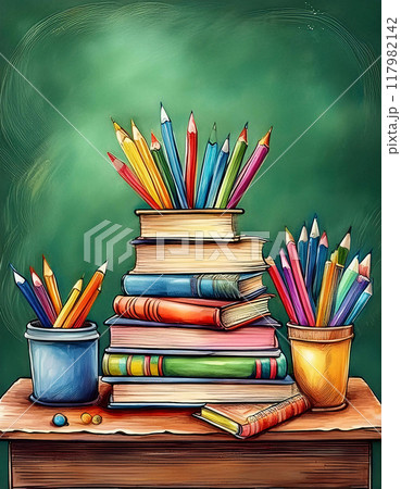 Vibrant watercolor painting of stacked books and cups with pencils on a desk 117982142