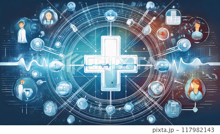 Vibrant digital healthcare illustration with a large central cross and medical icons 117982143