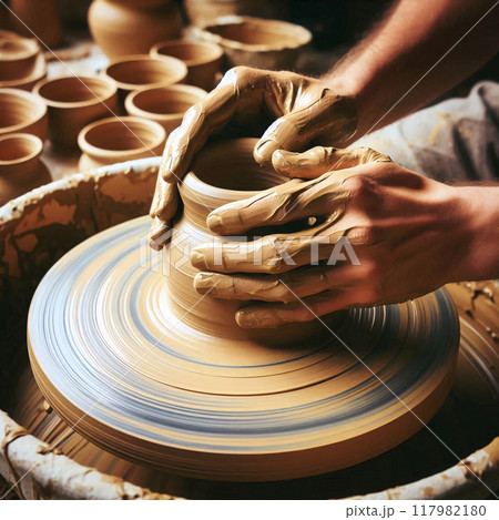 Hands shape clay on a wheel, crafting artistry in motion Hands shape clay on a wheel, crafting artistry in motion 117982180