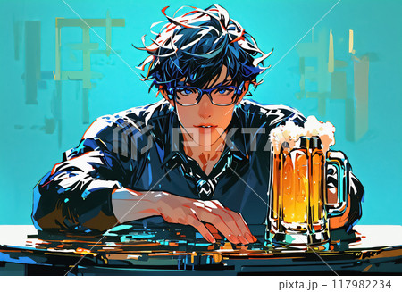 眼鏡をかけた若い男性がテーブルに置かれたビールを片手で持ちカメラ目線をしている「AI生成画像」 117982234