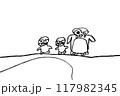 ペンギンの親子を描いた子供の絵。海を前にして迷っているのかビビっているのか、意味深な 117982345