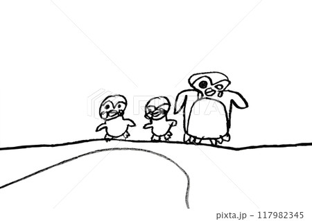 ペンギンの親子を描いた子供の絵。海を前にして迷っているのかビビっているのか、意味深な 117982345