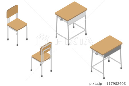 アイソメトリックイラスト：学校の机と椅子セット 117982408