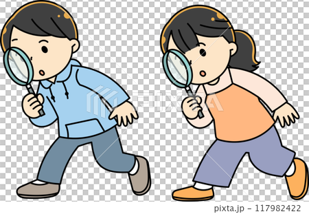Children observing with a magnifying glass 117982422