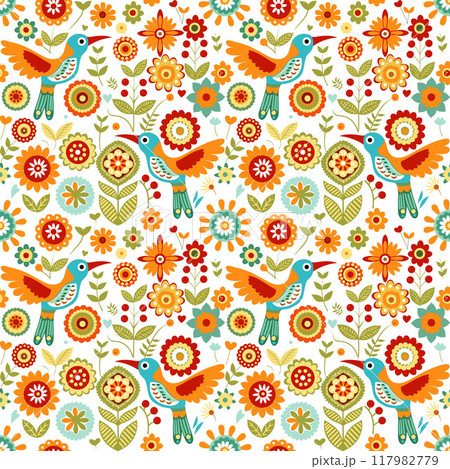 birds in bright summer colors on a white background. seamless pattern 117982779