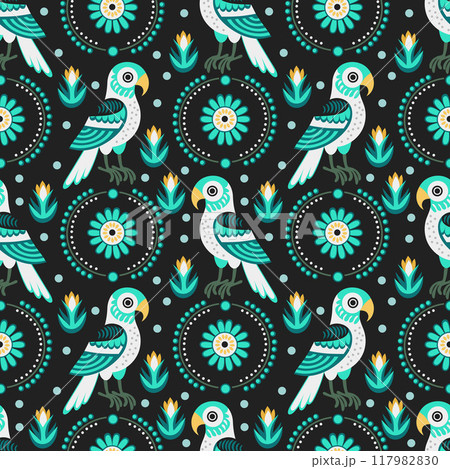 green parrots on a dark background with ornaments and flowers. seamless pattern green parrots on a dark background with ornaments and flowers. seamless pattern 117982830