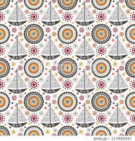 ships on a floral background. seamless pattern 117982847