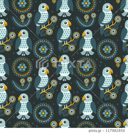 cute parrots on a dark background. seamless pattern cute parrots on a dark background. seamless pattern 117982850