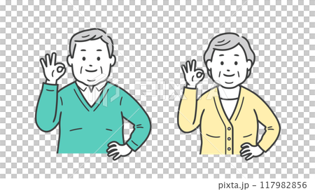 Illustration of an upper body of a chubby elderly man and woman making an OK pose and putting their hands on their hips 117982856