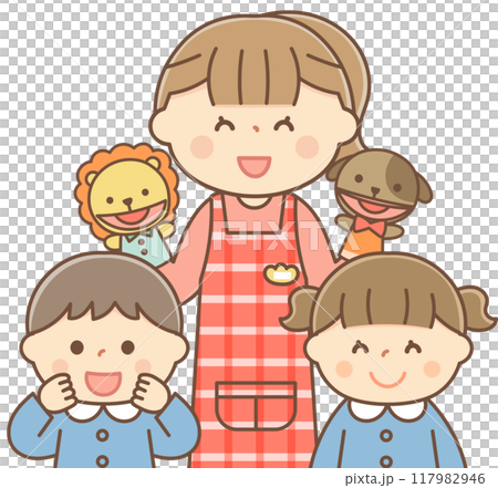 笑顔の女性保育士と子供たち 笑顔の女性保育士と子供たち 117982946