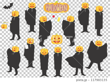 Halloween cloaked pumpkin with various poses, no lines 117983135