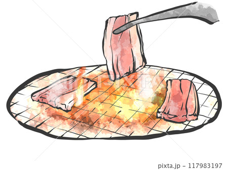 トングで焼き肉の手書き筆絵風イラスト 117983197