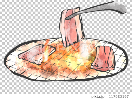 トングで焼き肉の手書き筆絵風イラスト 117983197