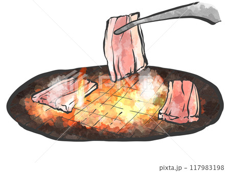 トングで焼き肉の手書き筆絵風イラスト トングで焼き肉の手書き筆絵風イラスト 117983198